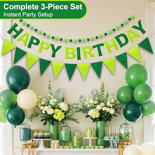 Pre-Strung Felt Happy Birthday Banner Green Garland Set - color: Ombre Green