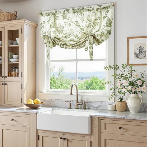 jinchan Linen Blend Kitchen Valance Curtain, Tie up, 42x54, 1 Panel, Green - color: Botanical | Green on Linen, size: 42"W x 54"L (Pack of 1)