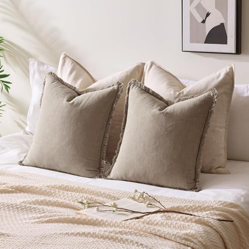 Linen Fringe Throw Pillow Covers 18x18 Inch Set of 2,Brown Tan - color: Dune, size: 18" x 18" (Pack of 2)
