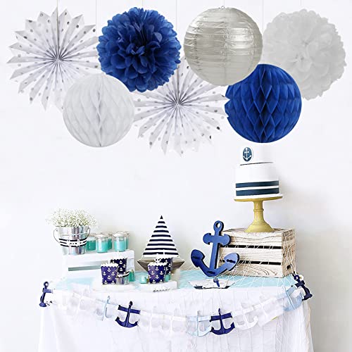 Navy-Blue White Silver Party Decorations - 14pcs Kits Paper Lanterns Fan,Tissue Flower Pom Poms Streamers,Honeycomb Balls,Graduation 2026 Men Birthday Wedding Baby Bridal Shower Decor Lasting Surprise - color: Navy Blue White Silver