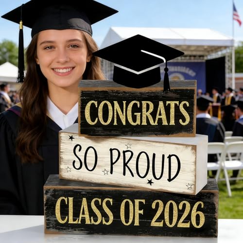 2026 Graduation Table Decorations Class of 2026 Senior Tiered Tray Decor Wooden Cap Block Signs Farmhouse Congrats Grad Tabletop Party Centerpiece for Tables Wooden Sign for Home Decor - style: Cap