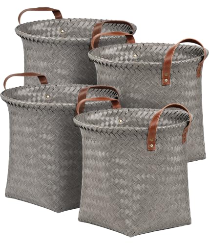 Wicker Storage Baskets, 4 Pack Woven Baskets for Shelves, Grey - color: Round Gray