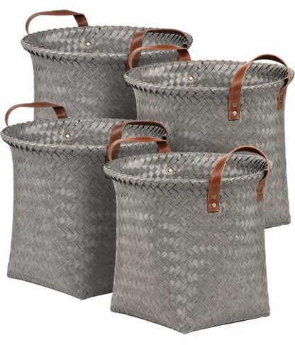 Wicker Storage Baskets, 4 Pack Woven Baskets for Shelves, Grey - color: Round Gray