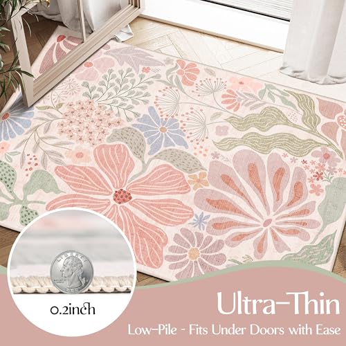 MUJOO Pink 3x5 Washable Rugs,Floral Area Rug Non Slip Low-Pile - color: Pink, size: 3' x 5' (Rectangular)