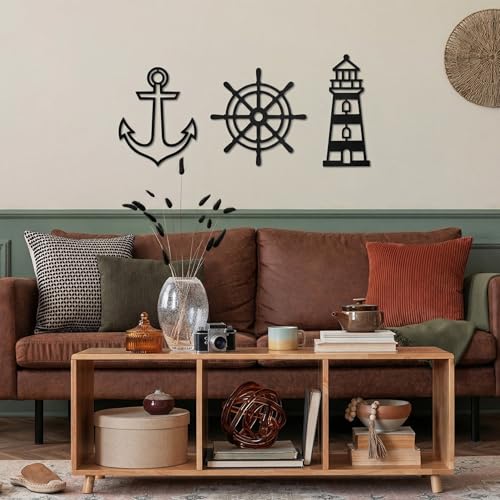 Sanwarm Wall Decor, 3 Pieces, Black Metal, for Home Nautical Coastal - color: Nautical Anchor