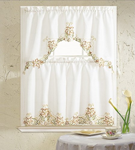 B&H Home Glory Floral Embroidered 3-Piece Kitchen Curtain Window Treatment Set (Beige) - color: Beige