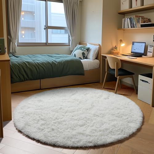 Cream White Fluffy Round Rug Circle Area Rugs 4ft for Kids Teen Bedroom - color: Cream White, size: 4' (Round)