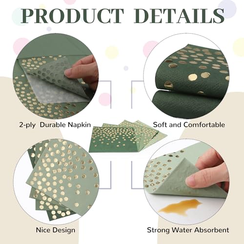 80 Pack of Paper Cocktail Napkins with Gold Foil Polka Dot Confetti，Polka Dot Party Supplies(5 x 5 in，2-ply) (80, Gradient Green) - style: Green Gold Dot