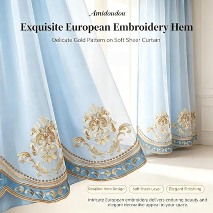 Amidoudou 1 Pair European Double Layer Curtains with Sheer Curtains for Living Room Bedroom Luxury Embroidered Blackout Curtains (Blue,52x96 Inch) - color: Blue, size: 52"W x 96"L (Pack of 2)