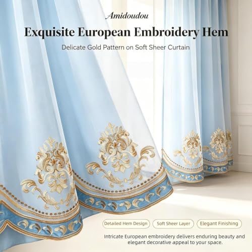 Amidoudou 1 Pair European Double Layer Curtains with Sheer Curtains for Living Room Bedroom Luxury Embroidered Blackout Curtains (Blue,52x95 Inch) - color: Blue, size: 52"W x 95"L (Pack of 2)
