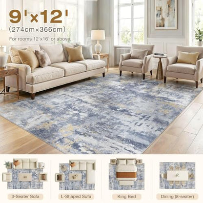 cotiled 9x12 Area Rugs Living Room: Washable Abstract Rug Blue Gold - color: Blue/Gold, size: 9' x 12' (Rectangular)