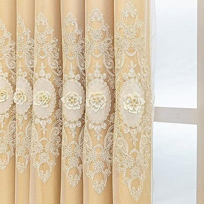 Amidoudou 1 Pair European Double Layer Curtains with Valance for Living Room Bedroom Luxury 3D Flower Embroidered Curtains (Yellow,51x96 Inch) - color: Yellow, size: 51"W x 96"L (Pack of 2)