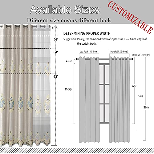 VOGOL Embroidered Semi Sheer Curtains 106 inches Long Grommet Window Treatment Voile Panel Drape for Living Room Bedroom and Dining Room, Two Panels, W60 x L106 inch - color: C2, size: 60"W x 106"L (Pack of 2)