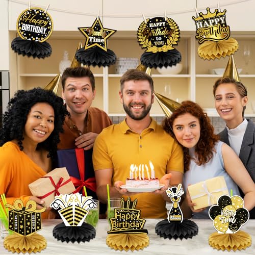 9 PCS Happy Birthday Party Table Decorations | Black and Gold Birthday Center Pieces for Table | Birthday Honeycomb Table Centerpieces | Reusable Birthday Table Toppers for Girls Boys Women Men