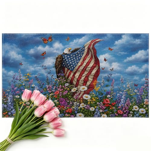 Bald Eagle Wildflower Door Mat Indoor 17x29.5 Inch, American Flag Doormat for Kitchen Bathroom, Patriotic Decorative Floor Pad Gifts, Nonwoven Entry Rug, Non Slip Dot Plastic Backing - color: Eagle