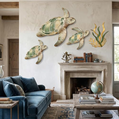 Tevqemi Large 3D Metal Sea Turtle Wall Art, 4-Piece Hand-Painted Wall Decor