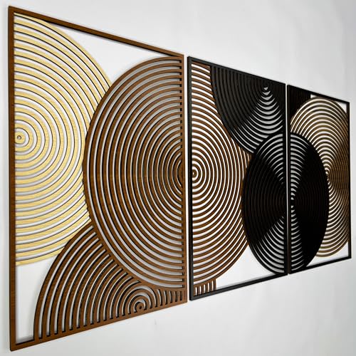 Textured Wood Wall Art with Modern Overlapping Circle Design, Mid Century Wall Panels, Abstract Geometric Wooden Decor, Boho Home Gift for Living Room and Bedroom