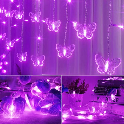 Purple Butterfly Curtain Fairy Lights USB Plug in,120 LED 8 Modes 20FT Firefly Twinkle Icicle String Lights with Remote Timer Waterproof for Halloween Bedroom Christmas Wedding Party Dorm - color: Purple