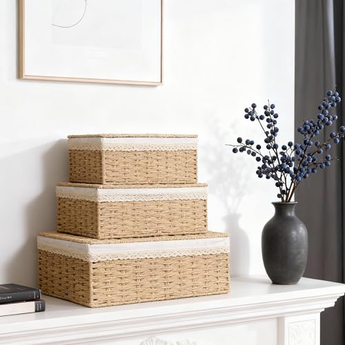 Nonam Rattan Divided Storage Basket with Lid, Set of 3, Natural - color: Divided Paper * Set of 3