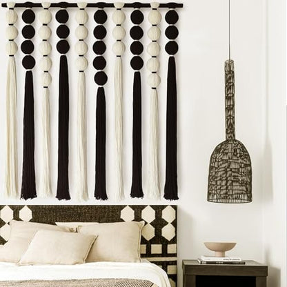 Macrame Wall Hanging Black White Sphericity Fiber Yarn Art 39"W*39"L - color: Black and White