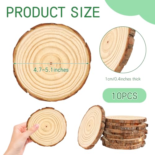 FSWCCK 10 PCS Unfinished Wood Slices for Centerpieces，4.7-5.1 Inch,Round Natural Discs with Tree Bark,Wooden Cookies Circles for Crafts Christmas Ornaments, Rustic Wedding Table Decoration (4.7"-5.1") - size: 10 Pcs 4.7"-5.1"