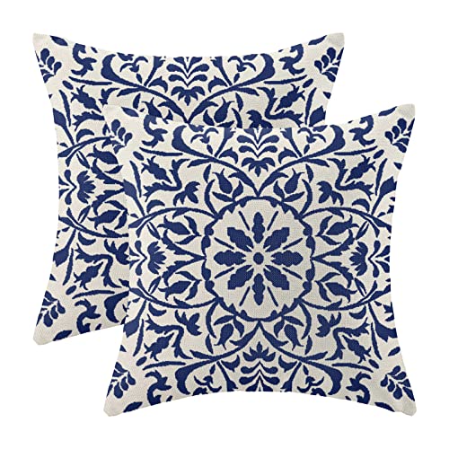 Navy Blue Boho Pillow Covers 18x18 Set of 2, Bohemian Ethnic Carpet Pattern Design Decorative Throw Pillows Linen Blue Print Farmhouse Cushion Pillow Covers for Sofa Couch Outdoor Decor - color: Blue, size: 18" x 18" (Pack of 2)