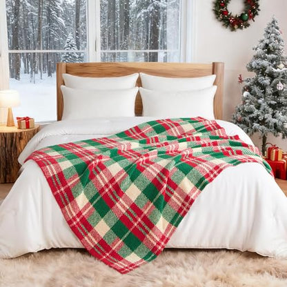 Exclusivo Mezcla Reversible Knit Throw Blanket for Couch, Red and Khaki - color: Red and Khaki, size: Throw (50"x60")