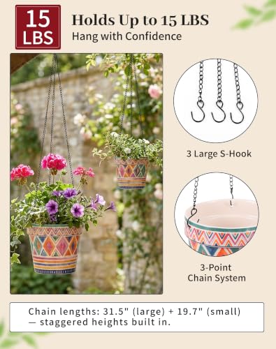 Stoneware Hanging Planters Set of 2, Large 7" + Small 5" - color: Set 2-boho Geometric