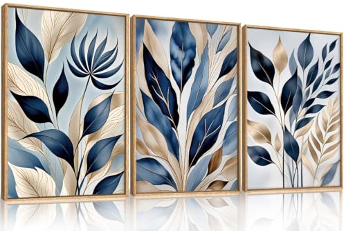 HPNIUB Large Boho Blue Botanical Leaf Framed Wall Art Set -16"x24"x3 - color: Abstract Leaf Wall Art, size: 16"L x 24"W