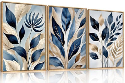 HPNIUB Large Boho Blue Botanical Leaf Framed Wall Art Set -16"x24"x3 - color: Abstract Leaf Wall Art, size: 16"L x 24"W