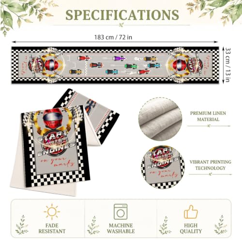 Race Car Table Runner Linen Checkered Racing Birthday Party Decor 72 inch - color: Grey