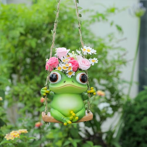 Hanging Swing Frog Planter, Cute Resin Succulent Flower Pot with Drainage Hole, Indoor Outdoor Garden Decor
