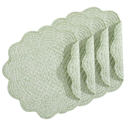 HOMBYS Quilted Placemats Set of 4 Washable Round Placemats for Kitchen Table-100% Cotton Fabric Round Table Mats, (White with Green Flower) - color: White With Green Flower