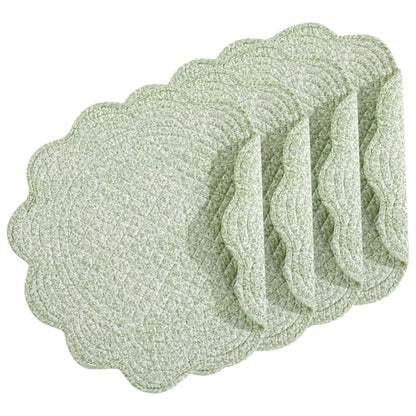 HOMBYS Quilted Placemats Set of 4 Washable Round Placemats for Kitchen Table-100% Cotton Fabric Round Table Mats, (White with Green Flower) - color: White With Green Flower
