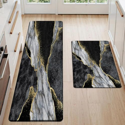 Kitchen Mats Set of 2, Cushioned Anti Fatigue Non Slip Waterproof Runner, Black Gray Marble and Golden Pattern, PVC Memory Foam for Kitchen Sink and Laundry - color: Black Marble 3