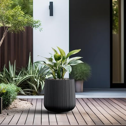 Kante Accent Round Curved Black Concrete Planter 13" Dia, Outdoor - color: Ringed Black, size: 13” Dia