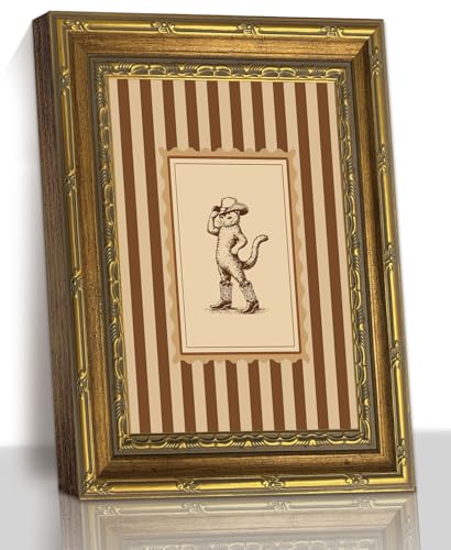 Vintage Cowboy Cat Animal Striped Gold Frame Wall Art Print Framed Artwork - color: Cowboy Cat, size: 11"L x 9"W