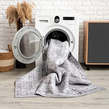 Bloom Rugs Washable Non-Slip 7 ft Runner - Gray/Charcoal/Blue Modern Abstract Runner for Entryway, Hallway, Bathroom, and Kitchen - Exact Size: 2.5' x 7' - color: Gray / Charcoal / Blue, size: 2'6" x 7' (Runner)