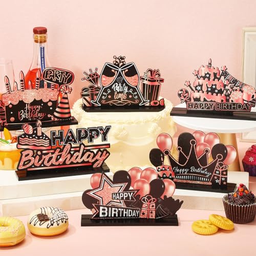 Leinuosen 6 Pcs Happy Birthday Table Centerpiece Rose and Gold Sign - color: Rose and Gold
