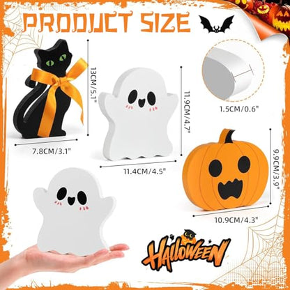 Wooden Halloween Decorations Set - Cute Ghost, Pumpkin & Black Cat Blocks Signs for Indoor Outdoor Holiday Home Decor, Mantel, Tabletop Centerpiece, Spooky Gift (Set of 3)