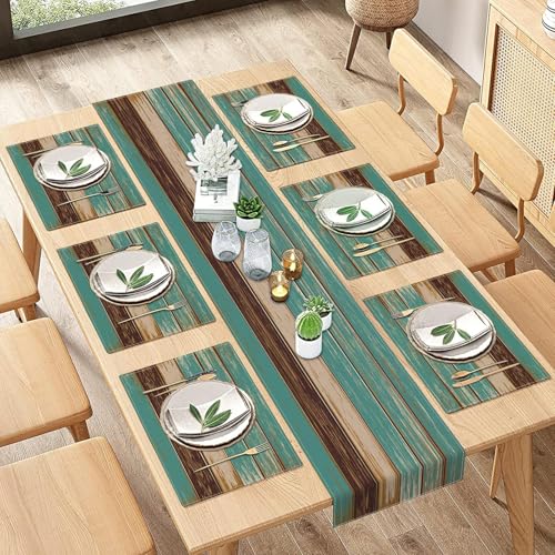 ArtSocket Table Runner and Placemats Set of 6, Farmhouse Teal - color: Farmhouse