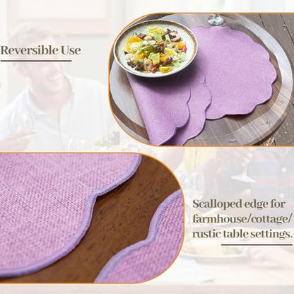 AHHFSMEI Round Scalloped Placemats Set of 6 15 Inch Faux Linen - color: Purple