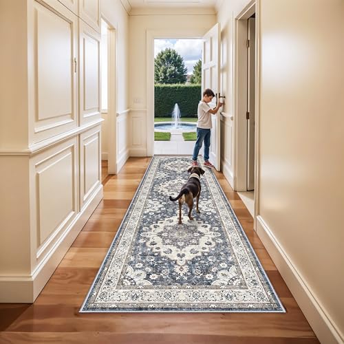 3x10 Washable Hallway Runner Rugs: Vintage Stain Resistant Rug for Kitchen Floral Living Room Bedroom Carpet with Non-Slip Backing Soft Low Pile Farmhouse Floor Mats for Entrance Laundry (3x10,Blue) - color: Blue, size: 3' x 10' (Rectangular)