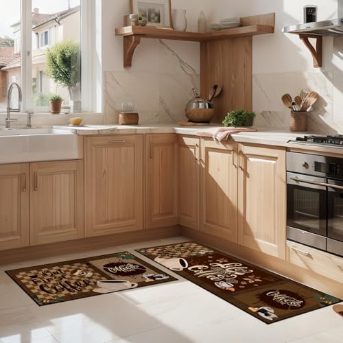 Bencailor 2 Pcs Coffee Kitchen Rugs Coffee Brown Kitchen Decor - color: Dark Color, style: Coffee