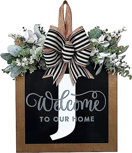 Last Name Year Round Front Door Wreath Front Porch Decoration 26 Letter Welcome Sign with Eucalyptus Garland and Bow Spring Wreaths for Front Door Outside Hanger Garland（J） - color: J