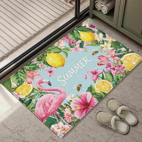 Flamingo Floral Lemon Bath Mat Rug, Summer Door Mat Doormat Entrance Non-Slip Bathroom Rugs for Entryway Bathroom Kitchen 17 x 30 Inch - color: Flamingo Floral Lemon