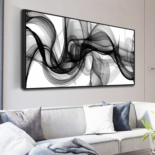 Abstract Wall Art for Living Room, Black and White Canvas Wall Decor for Bedroom, Smoke Picture Print, Large Size 59 x 29 Inches Framed - color: ABSTRACT-44[F], size: 59L" x 29W"