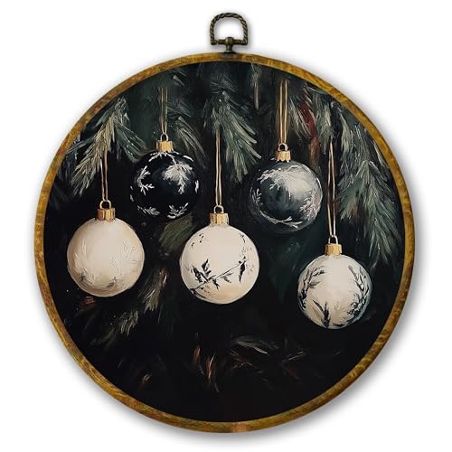 Mcehtle Vintage Christmas Wall Art Decor, Dark Rustic Christmas Bauble Ball Framed Canvas Prints 10x10, Retro Cozy Xmas Winter Round Wall Hanging Artwork Decorations for Home Bedroom Living Room - color: Colour 13