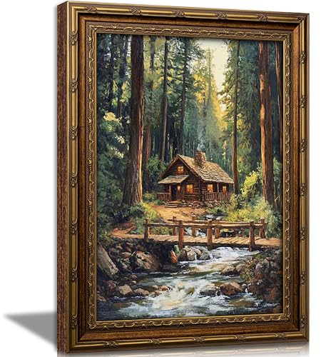 Vintage Gold Framed Forest Wall Art, Retro Mountain Woods Cottage Oli Painting Canvas Print, Antique Log Cabin Picture Wall Decor, Rustic Farmhouse Stream Poster Artwork for Bedroom Living Room - color: Forest, size: 16''Lx12''W