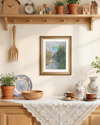 VIYYIEA Gold Framed Coastal Garden Wall Art Canvas Painting, 13×16 Inch - color: Coastal Garden Painting, size: 16"L x 13"W
